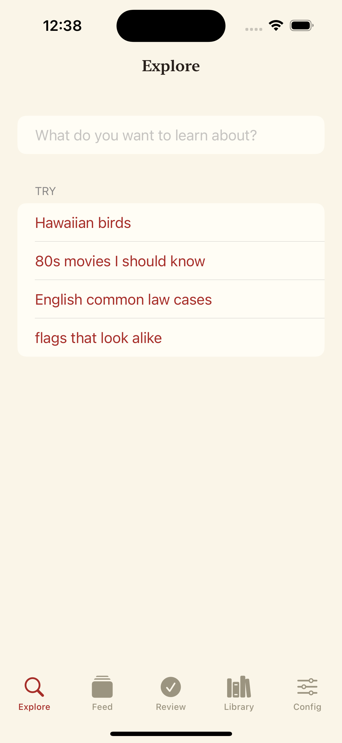Explore, the front door: a freeform box over suggestions for Hawaiian birds, 80s movies, common law cases and flags that look alike