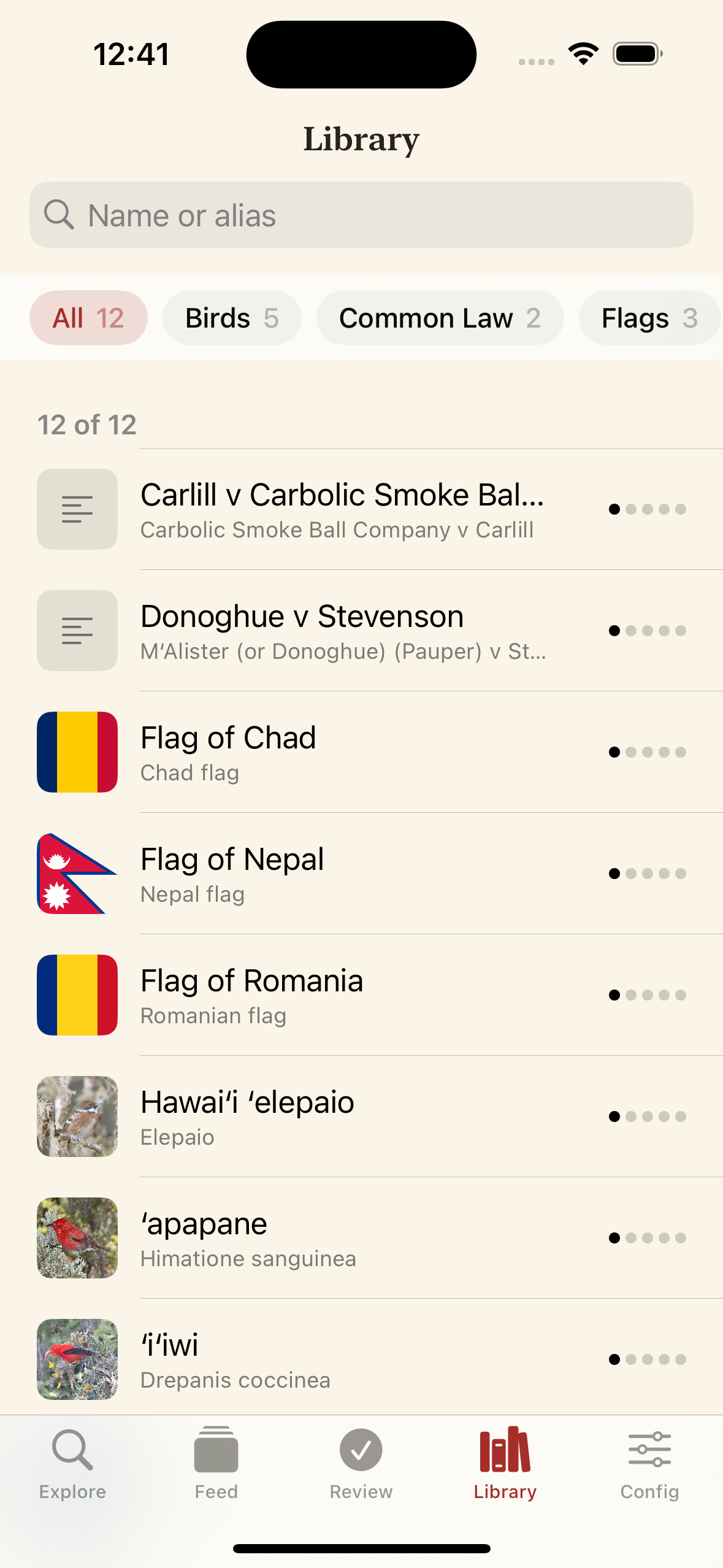 The library: everything met so far across birds, common law and flags, each showing its rung