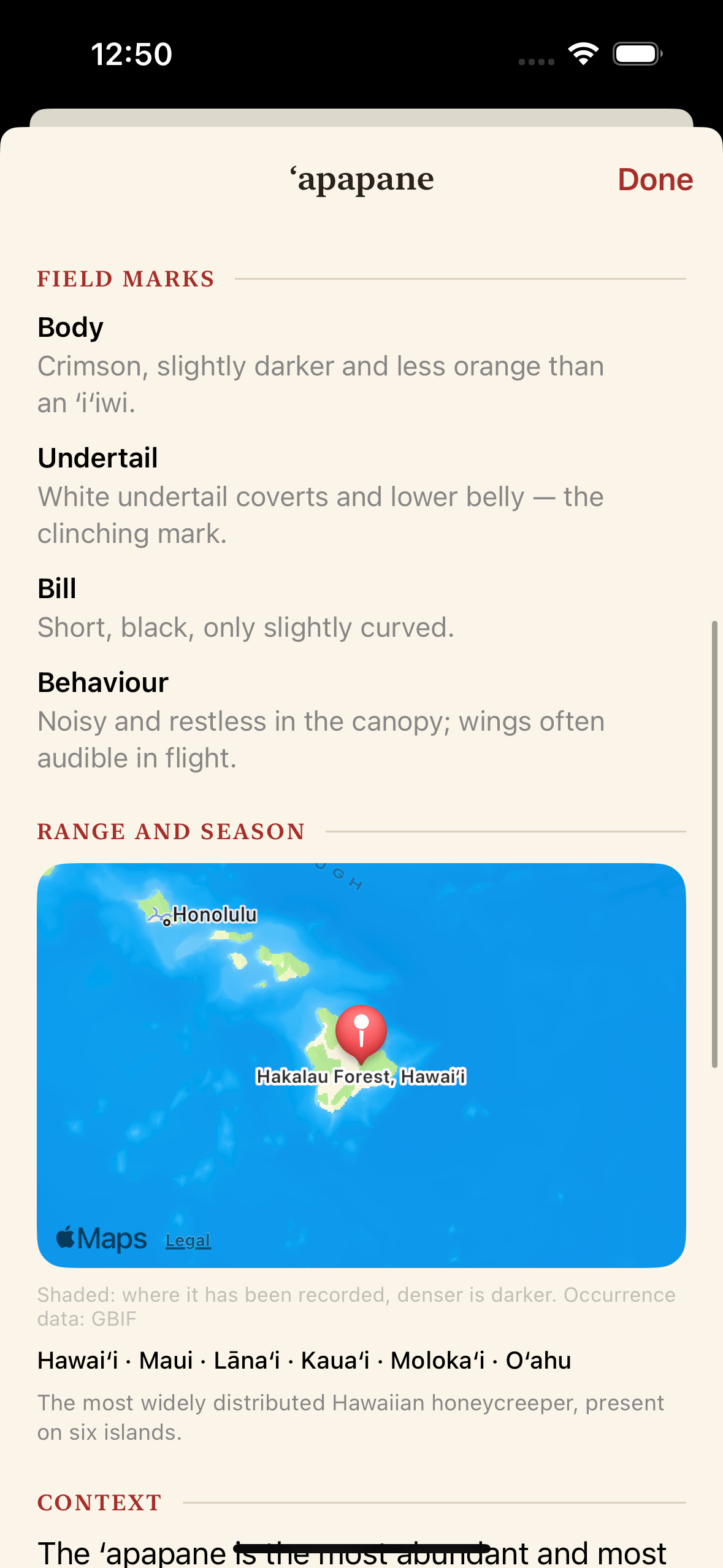 Field marks written as how you would actually recognise it, then range and season on a map