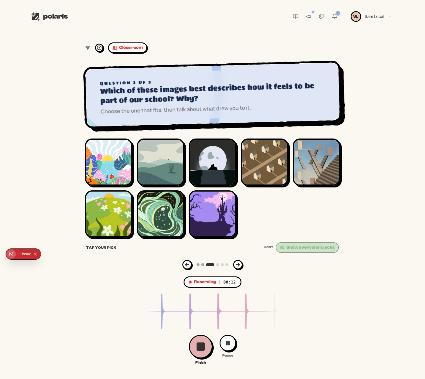 An image-choice question mid-recording: pick the picture that fits, then say what drew you to it