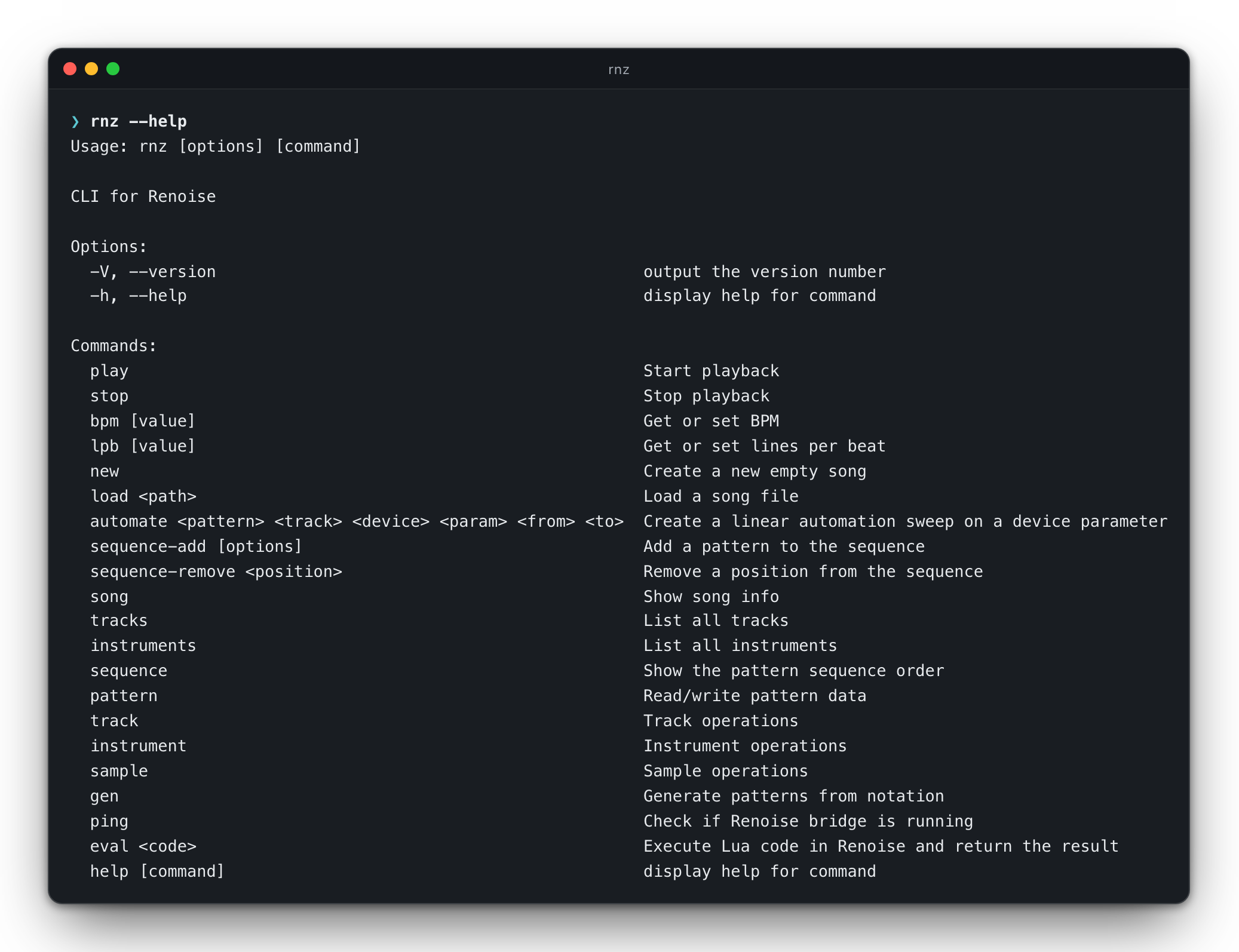 rnz --help listing every command