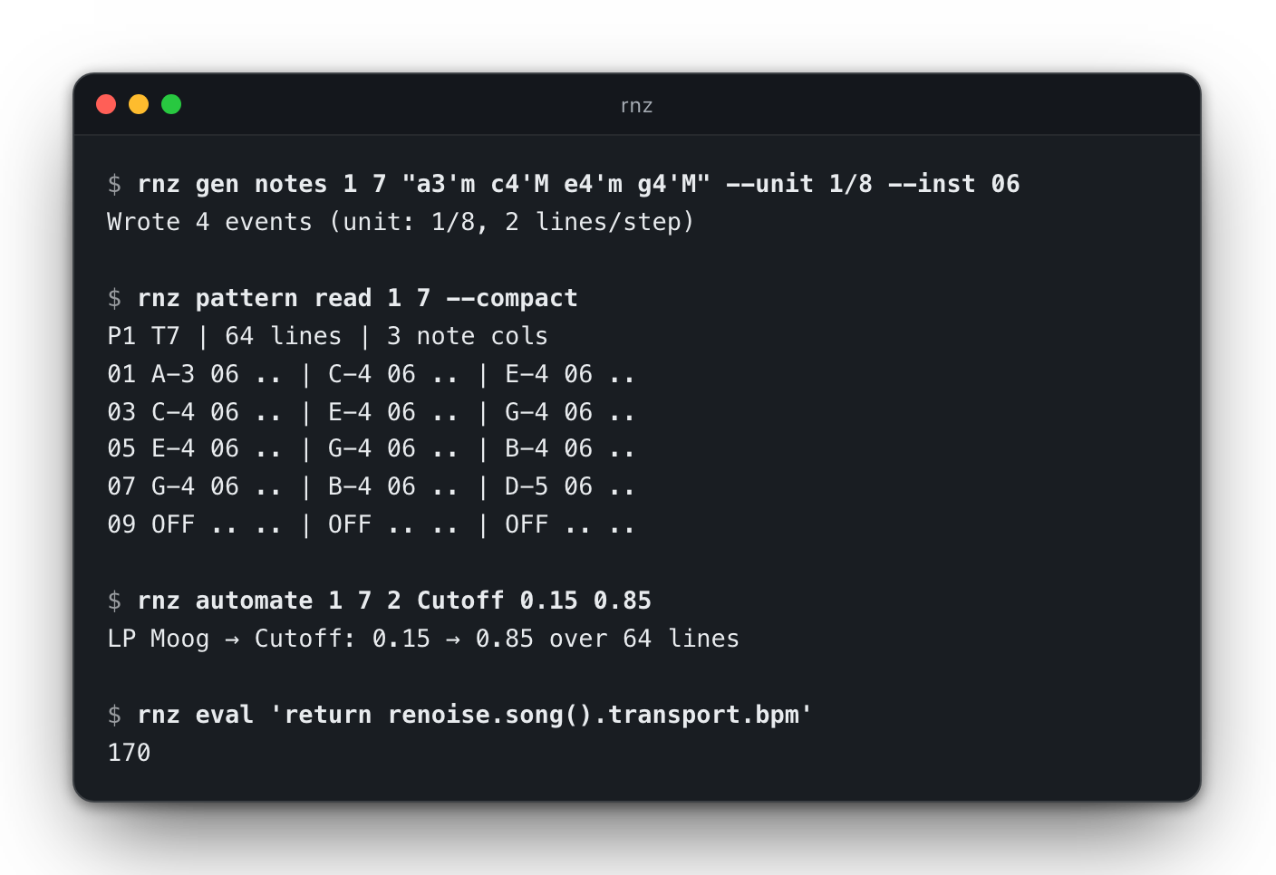 Generating a chord progression, reading the pattern back, and sweeping a filter