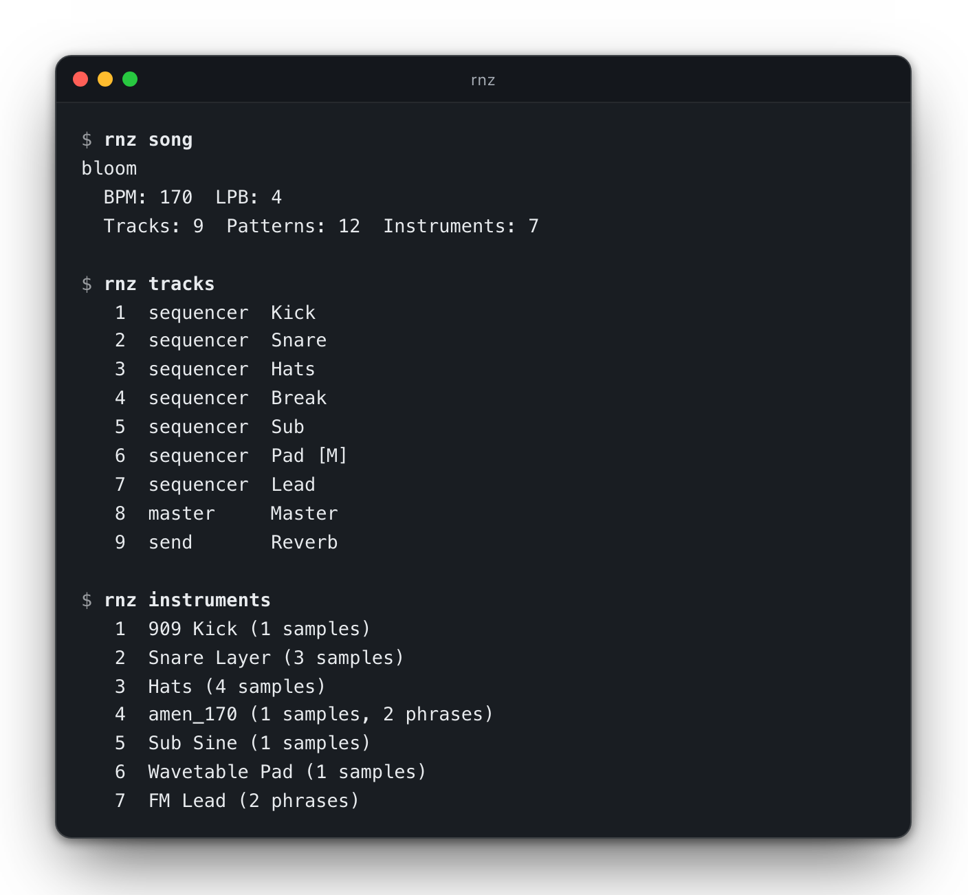 rnz song, tracks and instruments output for a Renoise song