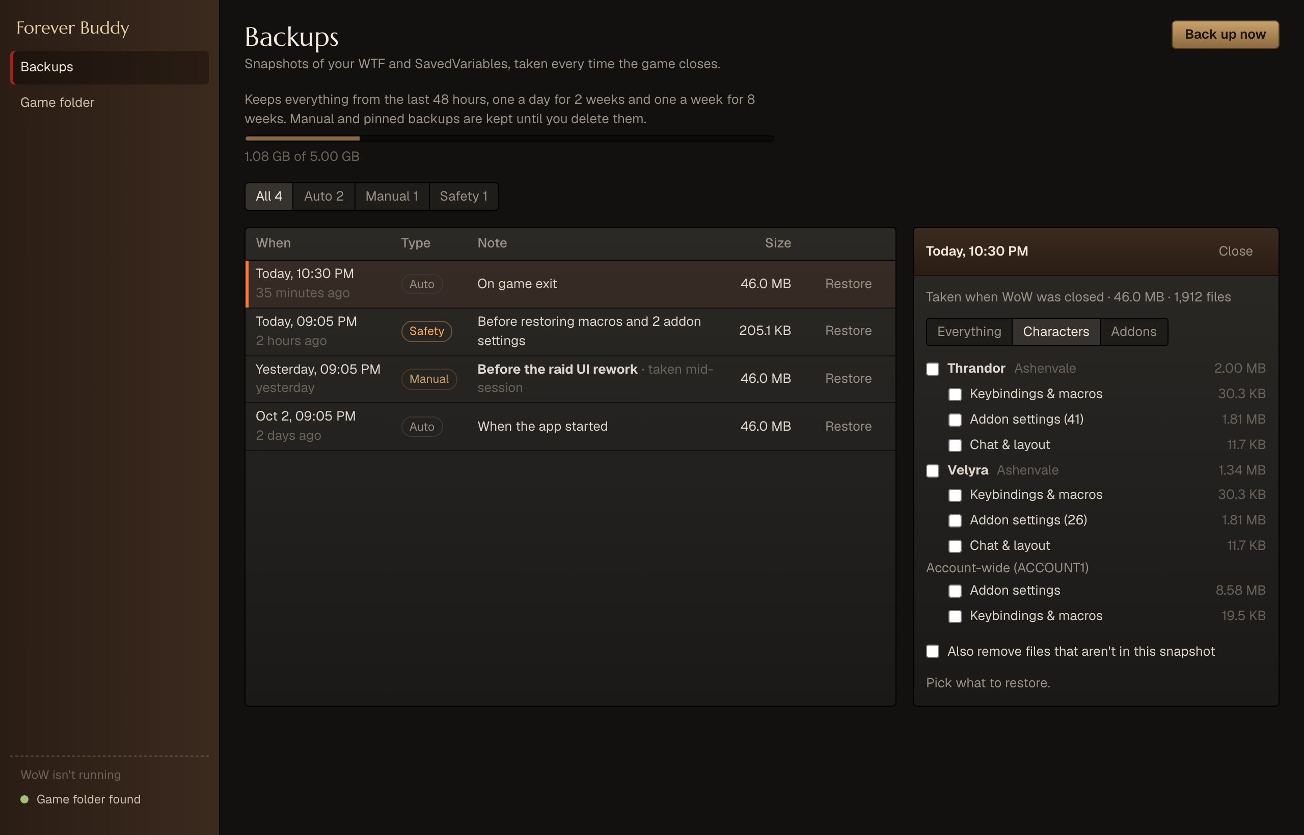 The working v0.1: backups taken when the game closes, with retention, storage use and a per-character restore picker