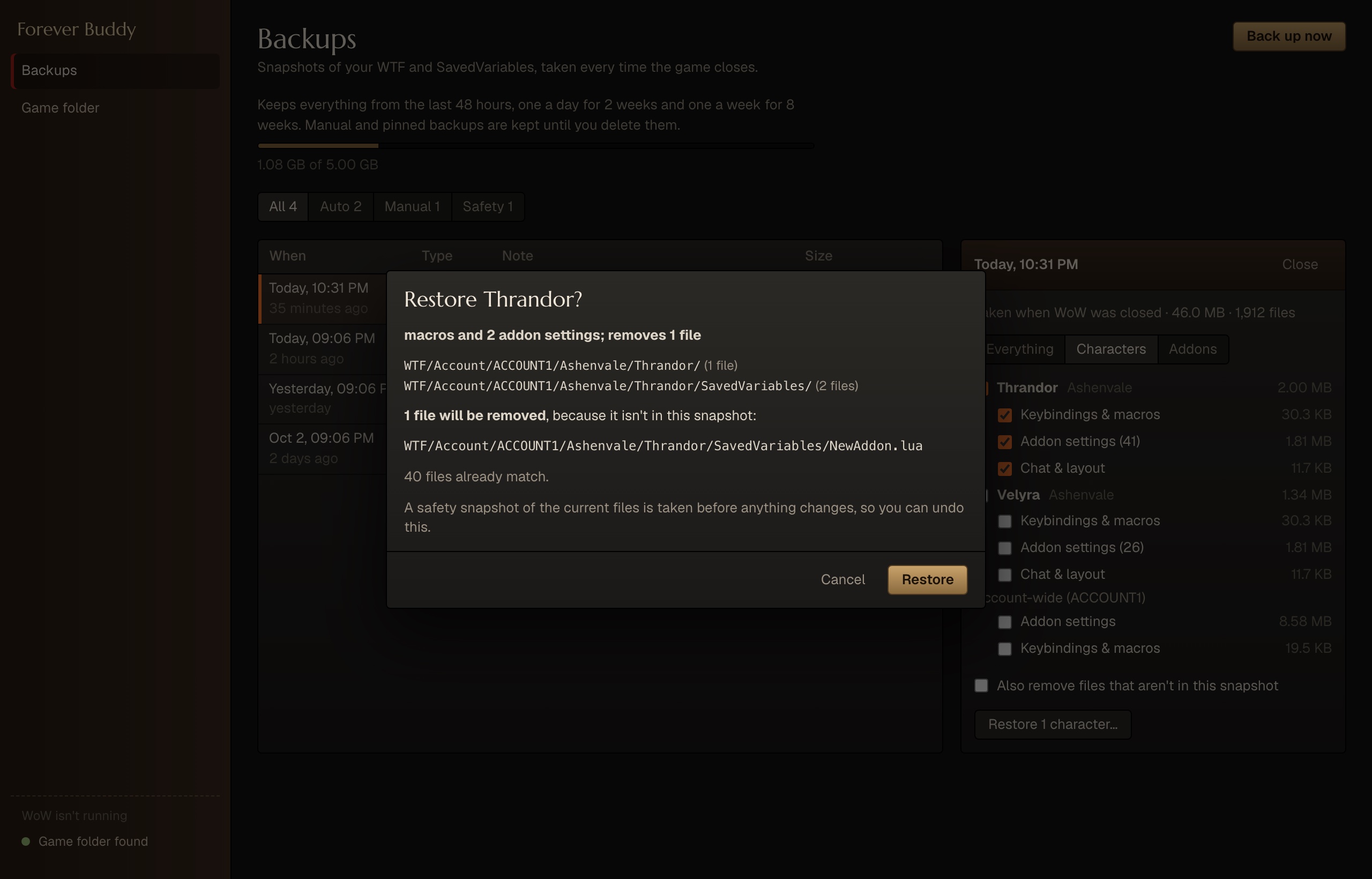 The working v0.1: a restore confirmation listing the folders it will write and the one file it will remove
