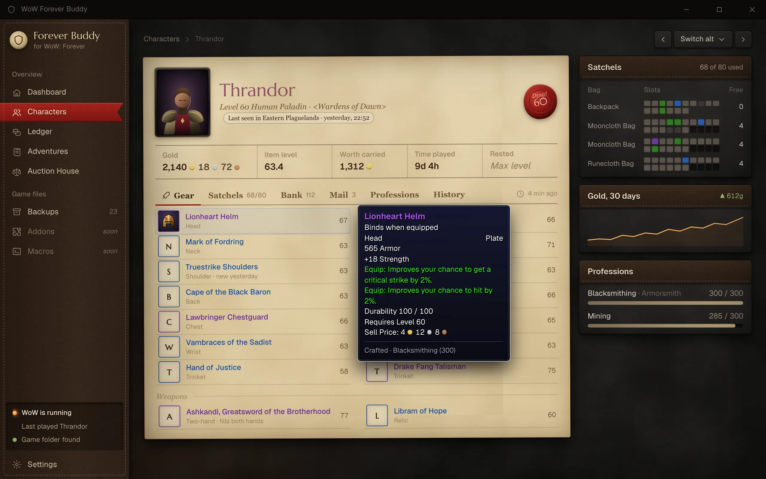 Design mock of a character sheet: gear with item tooltips, bags, gold over 30 days and professions