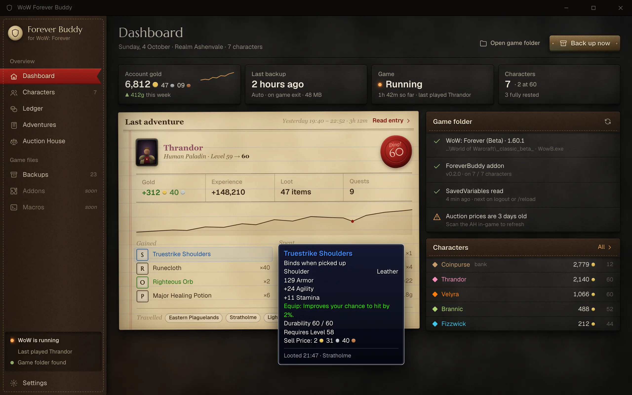 Design mock of the dashboard: account gold, last backup, game status, and a parchment page for the last adventure