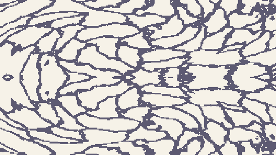 etching: noise-warped cell edges traced, mirrored and dithered to two inks