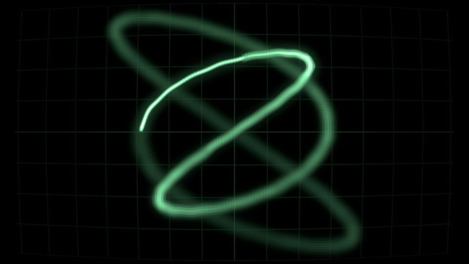 scope: an analog XY oscilloscope tracing Lissajous knots onto slow phosphor