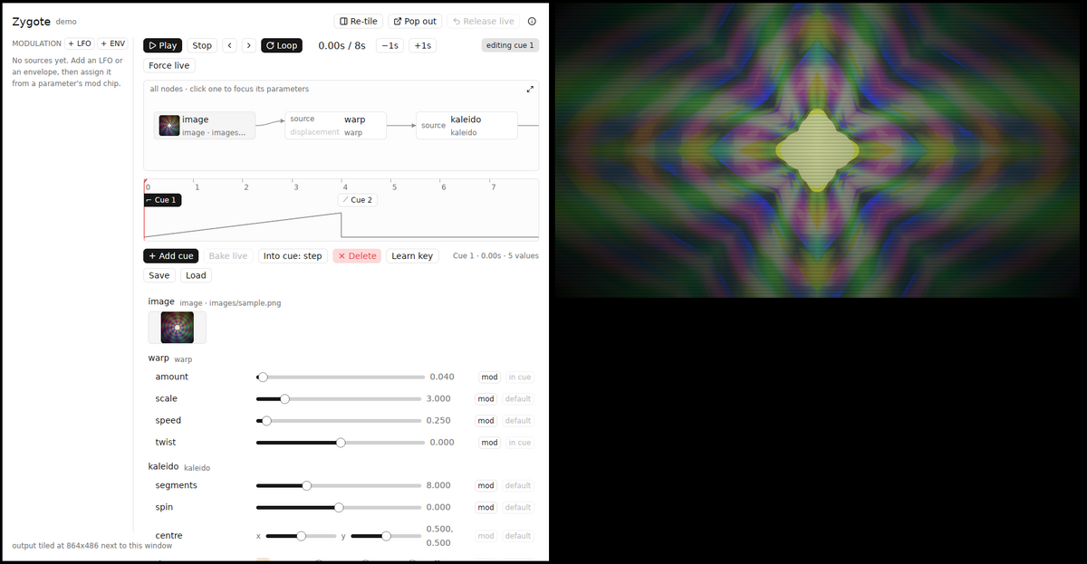 Zygote's timeline UI beside a live render