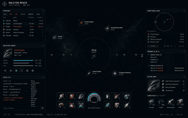 An OpenAI-generated mockup of the Halcyon Reach UI: directional scanner, overview, drone bay, and fitting HUD.