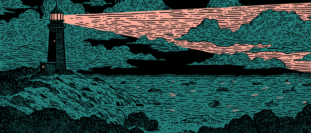 A lighthouse casting a wide beam over a dark harbor dotted with small boats, drawn in high-contrast teal and orange. (dark)