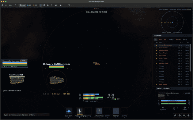 The Halcyon Reach client mid-combat: a Bulwark Battlecruiser selected, with the overview rail, sensor scope, and ability bar.
