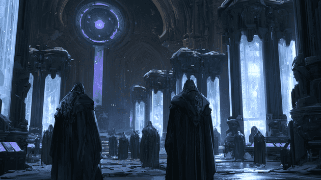 Skaral keepers in charcoal-silver vestments standing in a vast, cold cathedral of ice and dark stone, a shaft of violet light rising from a glowing circular reliquary at the far end.