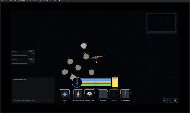 A very work-in-progress screenshot of Halcyon Reach: a top-down view of the player ship in an asteroid field with the curved vitals panel and module slots visible at the bottom of the HUD.