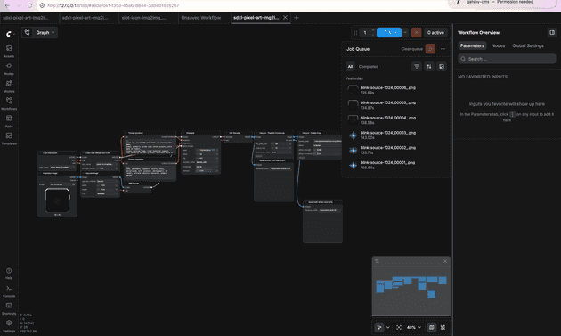 The ComfyUI node graph for an SDXL pixel-art img2img workflow, with a batch of blink-source-1024 generations queued on the right.