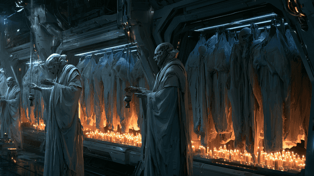 Pale Choir celebrants in cream-and-grey robes swinging censers before rows of shrouded bodies hung in a dim starship hold, hundreds of candles burning along the deck below them.