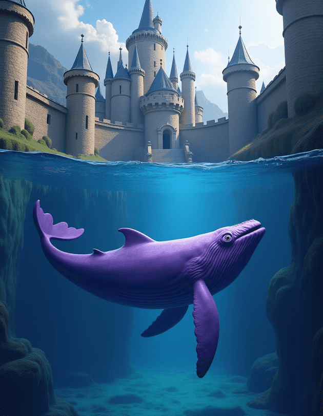 An image of a purple whale in a castle's moat. Hyper realistic