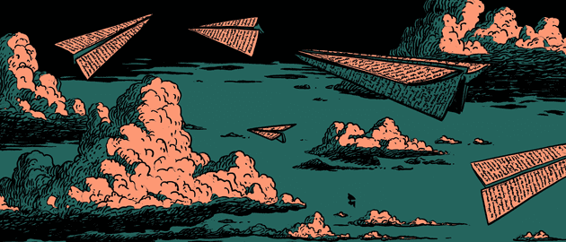 Paper airplanes folded from handwritten notes drifting across a dark teal night sky. (dark)
