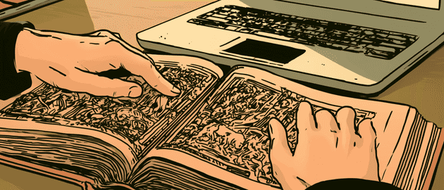 One hand resting on the pages of a huge open book, the other reaching toward a laptop beside it, drawn in warm daylight. (light)
