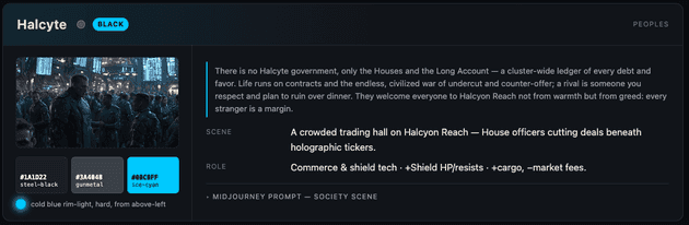 Design bible society-scene entry for the Halcyte: a crowded trading hall on Halcyon Reach with House officers cutting deals beneath holographic tickers, plus lore about the Long Account ledger and the same hex swatches.