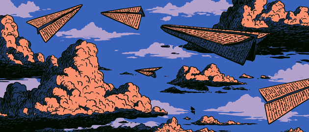 Paper airplanes folded from handwritten notes drifting across a bright daytime sky. (light)