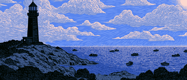 A lighthouse over a harbor dotted with small boats, drawn in warm daylight. (light)