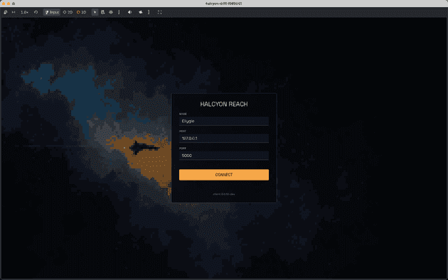 The Halcyon Reach connect screen, with name, host, and port fields and a Connect button.