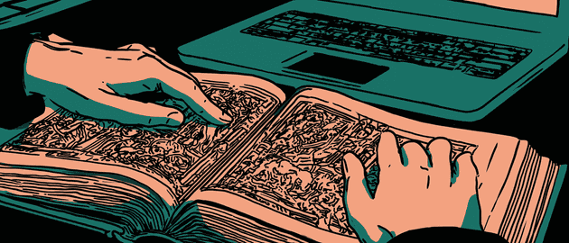 One hand resting on the pages of a huge open book, the other reaching toward a laptop beside it, drawn in high-contrast teal and orange. (dark)